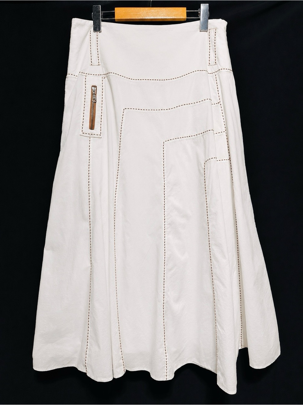 Virgine White Linen Blend Western Contrast Stitch Midi Skirt EU 40